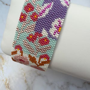 Colorful Floral Miyuki Bracelet Boho Ethnic Pattern Handmade Wide Delica Bead Cuff Jewelry Gift for Her Women Bohemian Statement Style Art