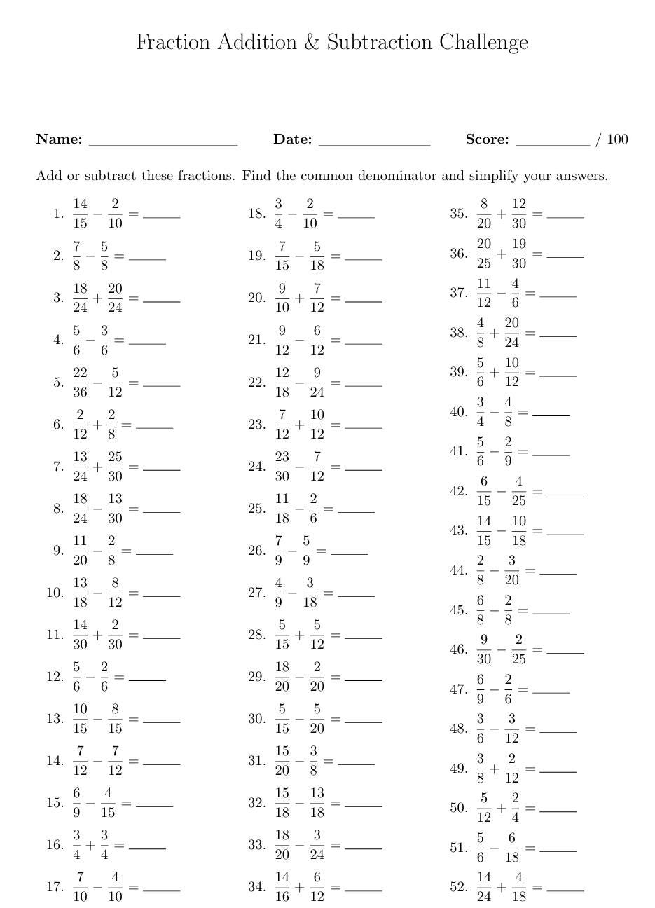 100 Fractions Addition and Subtraction Math Worksheet | PDF Printable ...