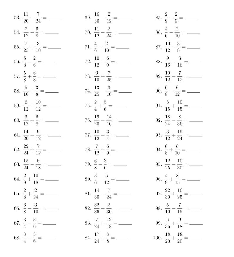 Pdf 100 Math Problems 100 Fractions Addition and Subtraction Math Worksheet | PDF Printable ...