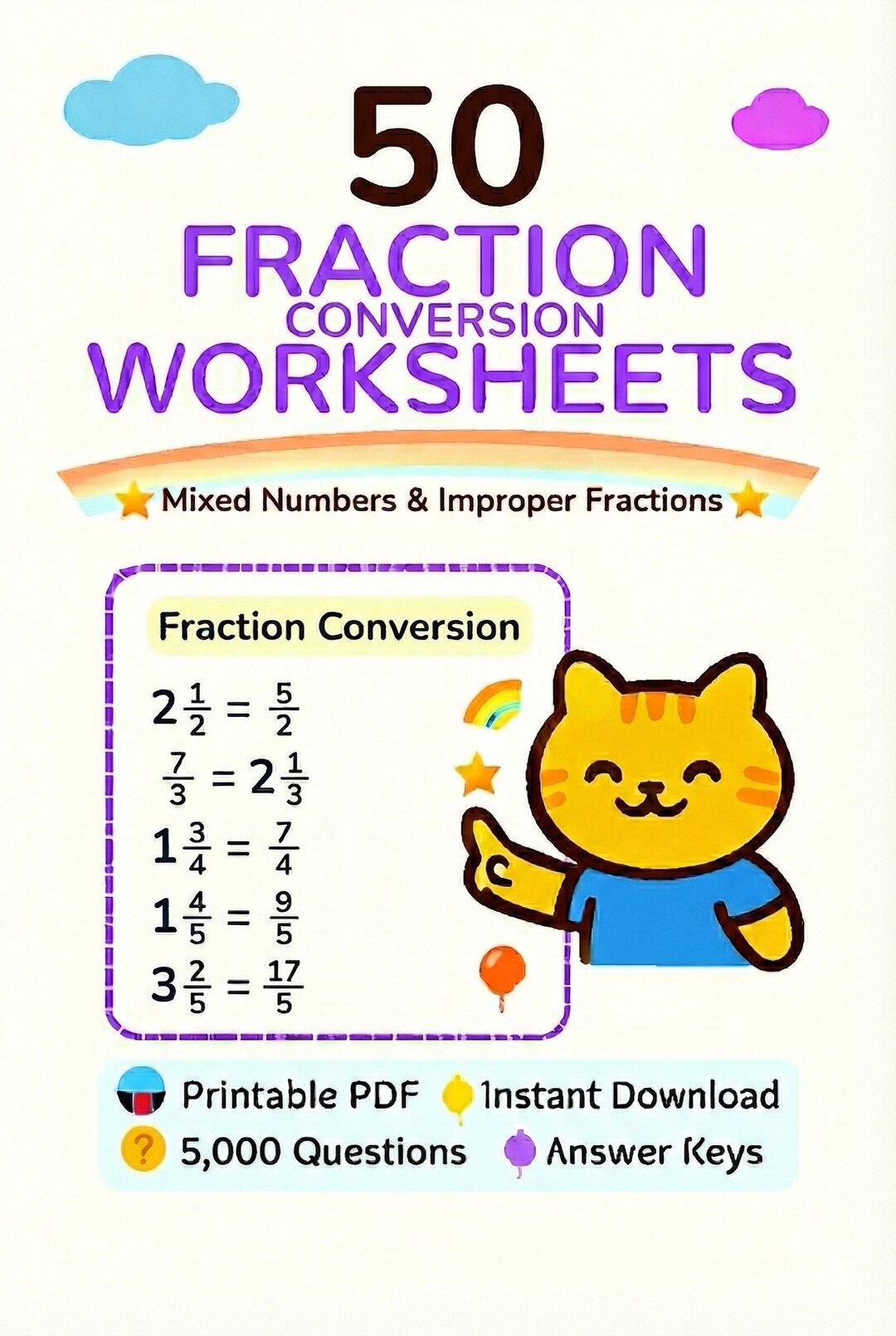 50 Printable Fraction Conversion Worksheets | Mixed Numbers & Improper ...