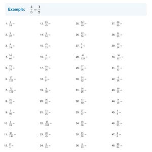 May include: A worksheet titled "Day 4: Simplify Equivalent Fractions" with math problems. The sheet includes an example and 48 fraction simplification problems. The top section has fields for name, date, and score.