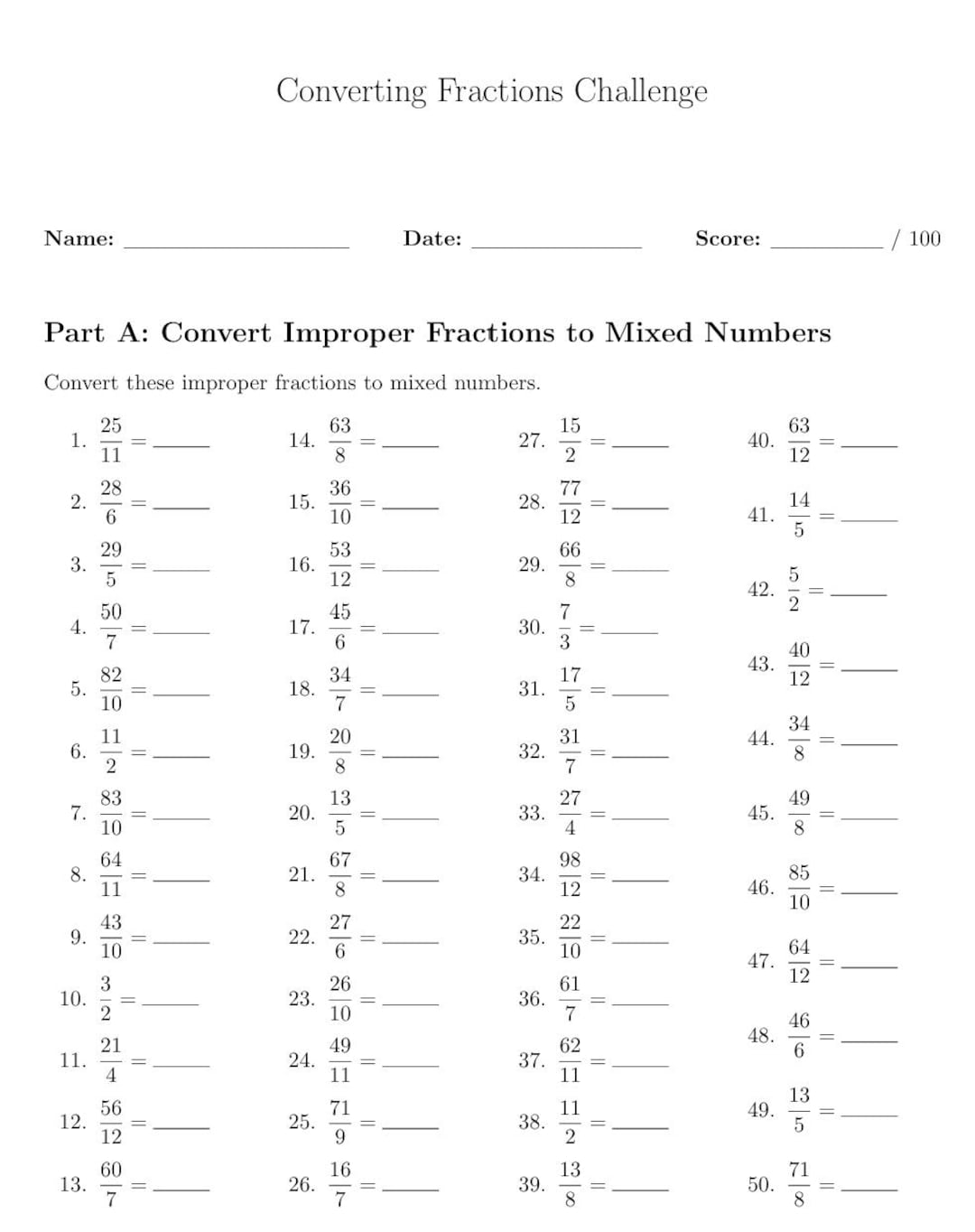 50 Printable Fraction Math Worksheets | Mixed Numbers & Improper ...