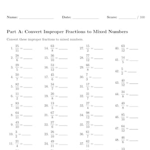 50 Printable Fraction Math Worksheets | Mixed Numbers & Improper Fractions | Grade 4-6 | Answer Keys (Digital Download)