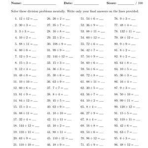 100 Division Math Worksheets |10 000 Questions | Grades 1-5,Printable PDF