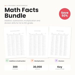 May include: A digital Math Facts Bundle featuring 300 worksheets with 30,000 addition, subtraction, multiplication, and division questions for 1st to 5th grade. Includes three sample pages and an answer key. A red circle highlights a 50% savings.