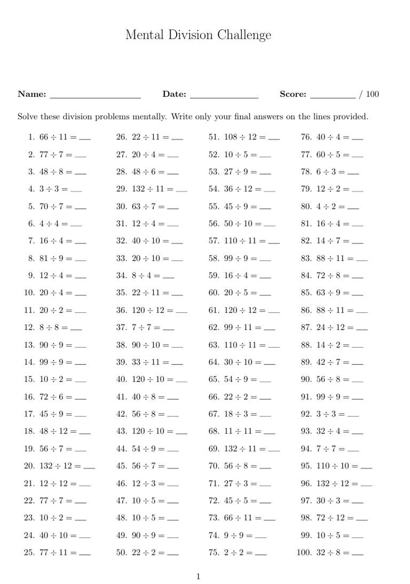 100 Division Math Worksheets |10 000 Questions | Grades 1-5,printable ...