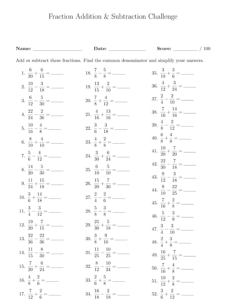 100 Fractions Addition and Subtraction Math Worksheet | PDF Printable ...