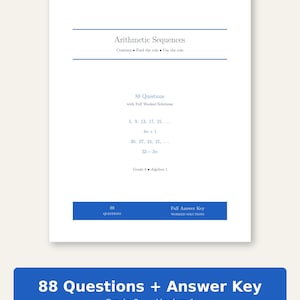 Op de afbeelding: Een wit educatief werkblad getiteld Arithmetic Sequences met de ondertitel Continue, Find the rule, Use the rule. Het bevat 88 vragen met uitgewerkte oplossingen, getallenreeksen, algebraïsche uitdrukkingen en de tekst Grade 8 Algebra 1.