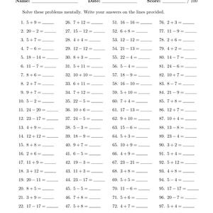 100 Addition and Subtraction Math Worksheet | 10 000 Questions | Printable Worksheet | Digital Download