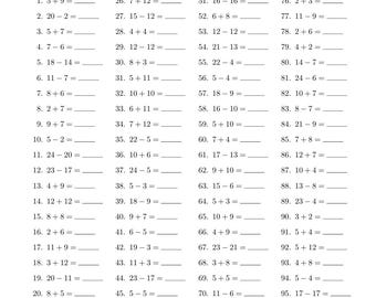 Hoja de trabajo de matemáticas de suma y resta de 100 preguntas / Hoja de trabajo imprimible / Descarga digital