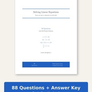 May include: A white educational document titled Solving Linear Equations with the subtitle From one step to unknowns on both sides. It lists 88 Questions with Full Worked Solutions, four algebraic equations, Grade 8 Algebra 1, and a blue footer.