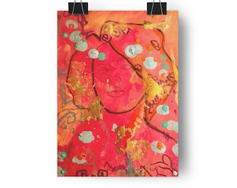 Impresión artística giclée de retrato floral abstracto / Técnica mixta rojo-dorado