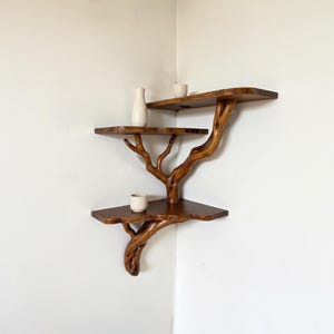 Corner floating driftwood shelf natural console table tree branch boookshelf art wall mount handmade furniture