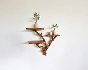 Floating tree branch bookshelf driftwood floating shelves wall mount solid wood handcrafted rustic furntiure home decor