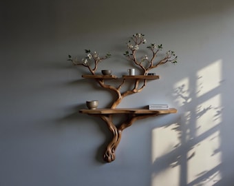 Tree floating bookshelf driftwood branch shelf wall mount art solid wood bookcase handmade furniture home decor