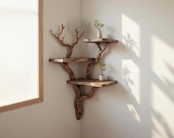 Corner floating driftwood branch bookshelf natural tree shelf art wall mount handmade furniture home decor