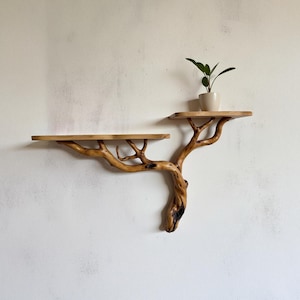 Tree branch floating shelf driftwood bookshelf solid wood bookcase art wall mount handmade furniture