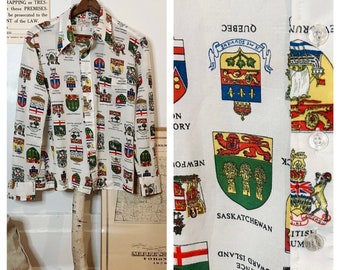 70s Polyester Canadian Provincial Coat of Arms Allover Print Button Down Shirt - M / L