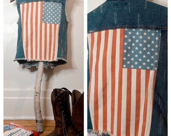 Vintage American Flag USA Distressed Fitted Denim Vest - S / M