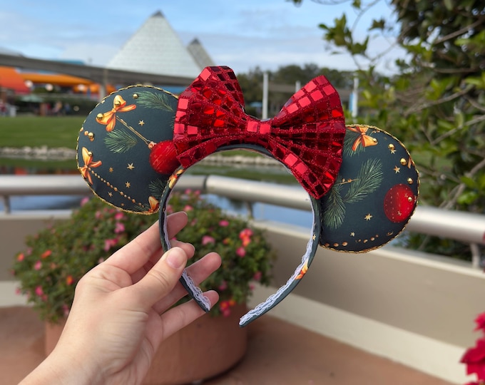 Handmade Green Mouse Ears Headband, Red Sequin Bow, Adult Park Minnie Ears