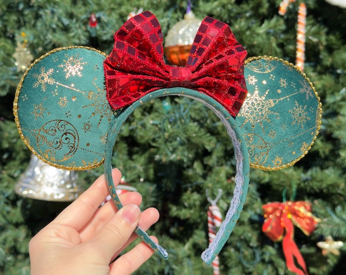 Green Christmas Ears Headband, Adult Mouse Ears, Handmade