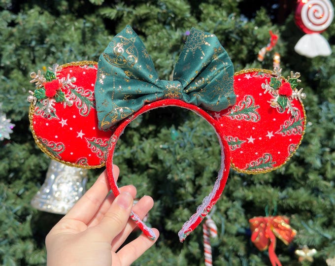 Red Christmas Ears Headband, Adult Mouse Ears, Handmade