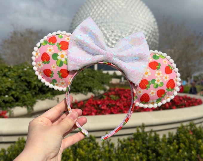 Strawberry Mouse Ears Headband, Sequin Bow Minnie Ears, Park Costume