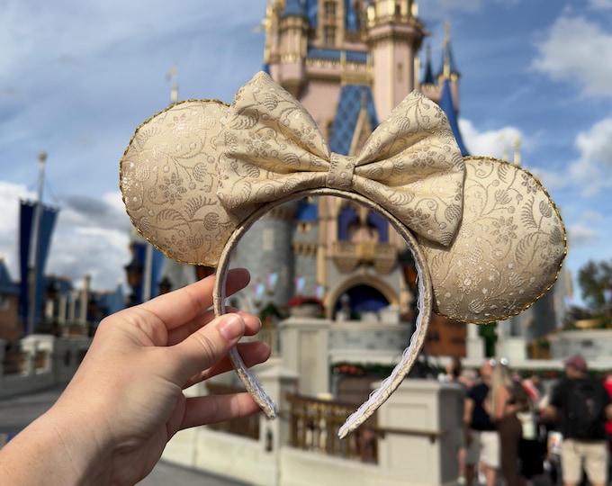 Elegant Mouse Ears Headband, Ivory Gold Adult Minnie Ears, Handmade