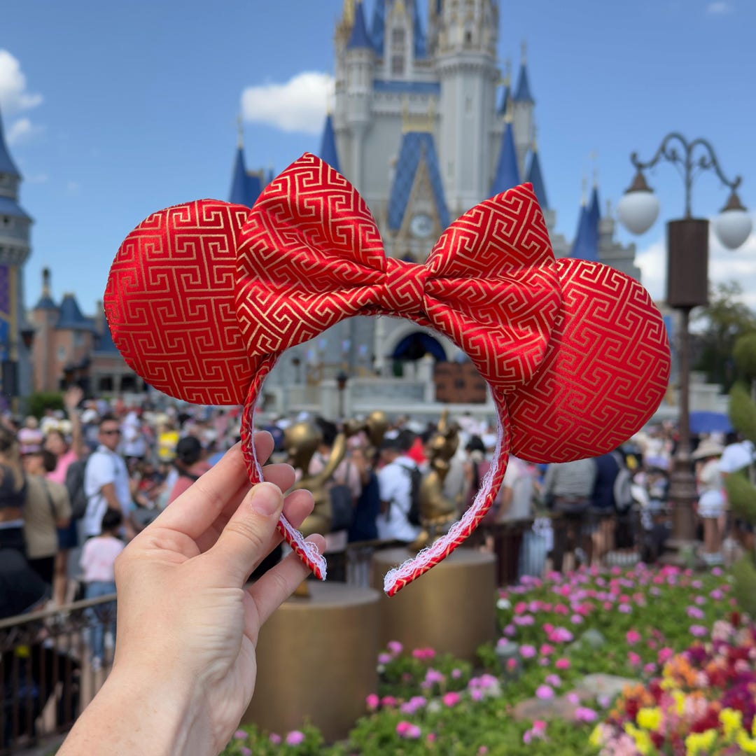 Red Mouse Ears Headband, Luxury Brocade Fabric Adult Minnie Ears ...
