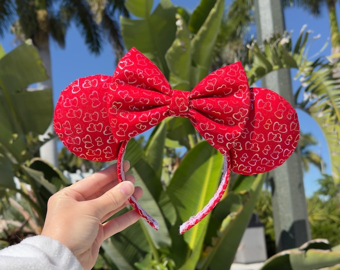 Valentine's Day Mouse Ears Headband, Iridescent Red Adult Minnie Ears, Handmade