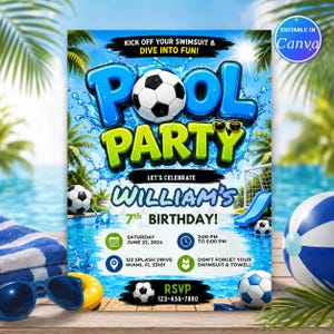 Soccer Birthday Invitation | Pool Party Soccer Theme | Boy Sports Summer Birthday Invite | Editable Canva Template | Instant Download