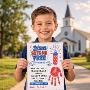 Freedom In Jesus 4th of July Handprint Craft, Christian Fourth Handprint Art Printable, Sunday School Independence Day Keepsake Activity