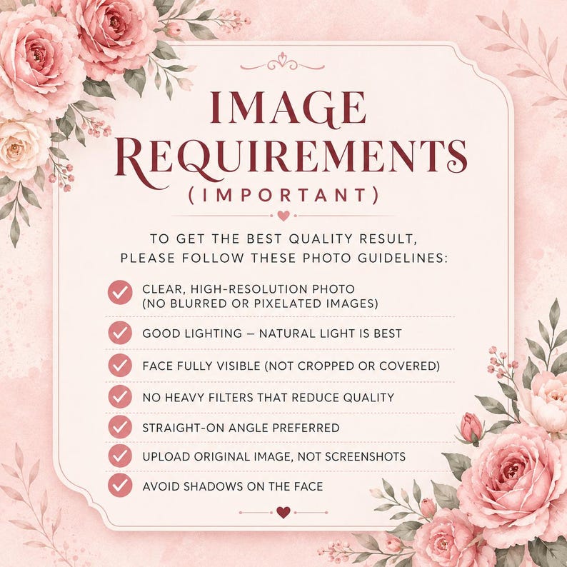 Pink floral information mockup with elegant typography and soft flower corners, displaying image requirements for submitting a photo, including high resolution, good lighting, visible face, no heavy filters, straight-on angle, original image upload, and no facial shadows.
