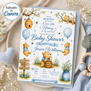 Winnie the Pooh Baby Shower Invitation Boy, Classic Pooh Invite, Editable Baby Shower Template, Canva Invitation, Instant Download