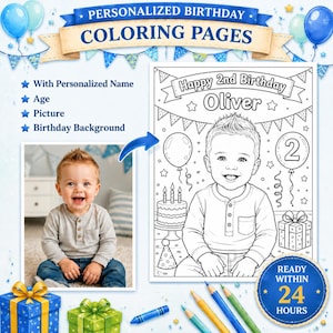 Personalized 2nd birthday coloring page mockup featuring a baby boy photo transformed into a clear black-and-white printable sketch, with Oliver name, birthday balloons, cake, gifts, and blue party theme.