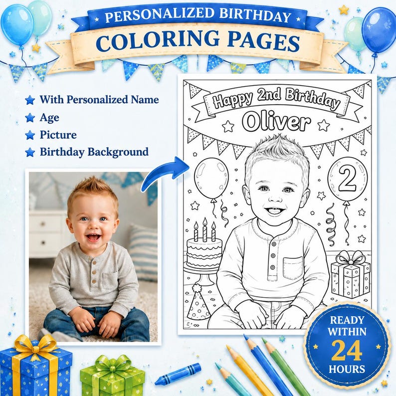 Personalized 2nd birthday coloring page mockup featuring a baby boy photo transformed into a clear black-and-white printable sketch, with Oliver name, birthday balloons, cake, gifts, and blue party theme.