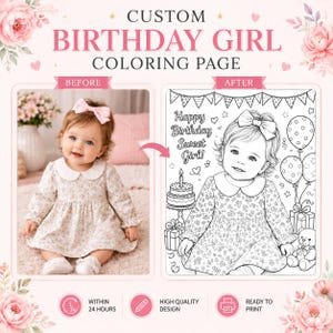 Custom birthday girl coloring page mockup featuring a before photo of a baby girl and an after black-and-white printable coloring page design, with pink floral theme, birthday balloons, cake, gifts, teddy bear, and 24-hour delivery icons.