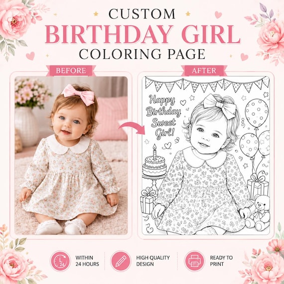 Personalized Photo Birthday Coloring Page, Custom Kids Activity, Printable Party Favor, Digital Download