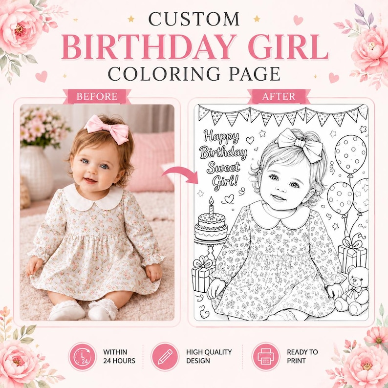 Custom birthday girl coloring page mockup featuring a before photo of a baby girl and an after black-and-white printable coloring page design, with pink floral theme, birthday balloons, cake, gifts, teddy bear, and 24-hour delivery icons.