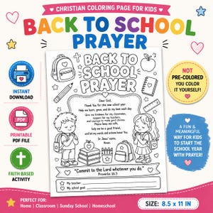 Back to School Prayer Coloring Page, Christian First Day of School Activity, Bible Verse Worksheet, Sunday School Printable PDF