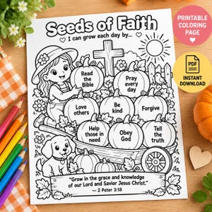 Christian Fall Coloring Page for Kids, Seeds of Faith Activity, Pumpkin Bible Worksheet, Sunday School and Homeschooling Learning Printable