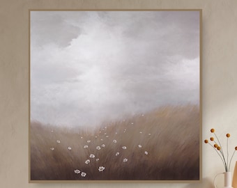 Misty Meadow Painting: Original Flower Meadow Landscape on Canvas