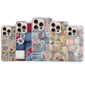May include: Five phone cases with floral and patchwork designs. The cases feature a variety of patterns, including sunflowers, roses, denim, and gingham. Each case has a clear border and a camera cutout.