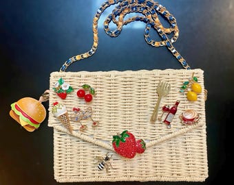 Op maat gemaakte rotan portemonnee 'picknick', 10 voedselbroches, leren tasbedel, kettingriem