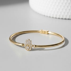 Hamsa Solid Gold Bangle Bracelet for Women, Round Cut Diamond Bracelet Bangle, Gold Hamsa Bracelet, Diamond Bangle Bracelet, Gift For Her