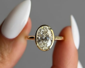 2 CT Oval Bezel Lab Grown Diamond Ring , Oval Lab Diamond Engagement Ring , Bezel Setting Engagement Ring , Vintage Inspired Diamond Ring