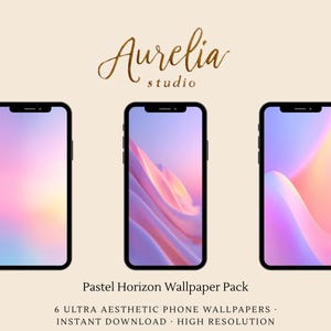 May include: Three smartphones with black frames display pastel horizon wallpapers in shades of pink, blue, and yellow. The image includes the text "Aurelia Studio" and "Pastel Horizon Wallpaper Pack".