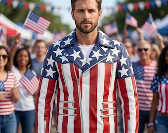 Chaqueta de cuero Brando para hombre, hecha a mano, con la bandera estadounidense - Abrigo retro de motociclista con estrellas y rayas - Chaqueta patriótica para el Día de la Independencia