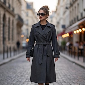 May include: A charcoal gray double-breasted trench coat featuring a notched lapel, long sleeves with buttoned cuffs, and a matching fabric belt tied at the waist. The coat is worn over a black top and paired with dark sunglasses and a black shoulder bag.
