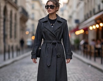 Abrigo largo maxi de lana gris carbón hecho a mano - Parka cruzada de invierno para mujer - Abrigo largo de lana de lujo con corte en A y cinturón.
